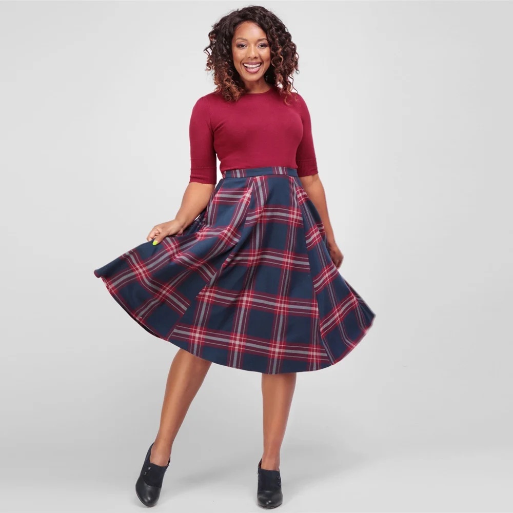 Retro Collectif Matilde Blanket Check Swing Skirt Petrol Navy Red Plaid UK 6 XXS